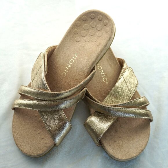 NWOT Vionic Gold Metallic Crisscross Slide Sandals Orthotic Support Womens 9 - Picture 2 of 10
